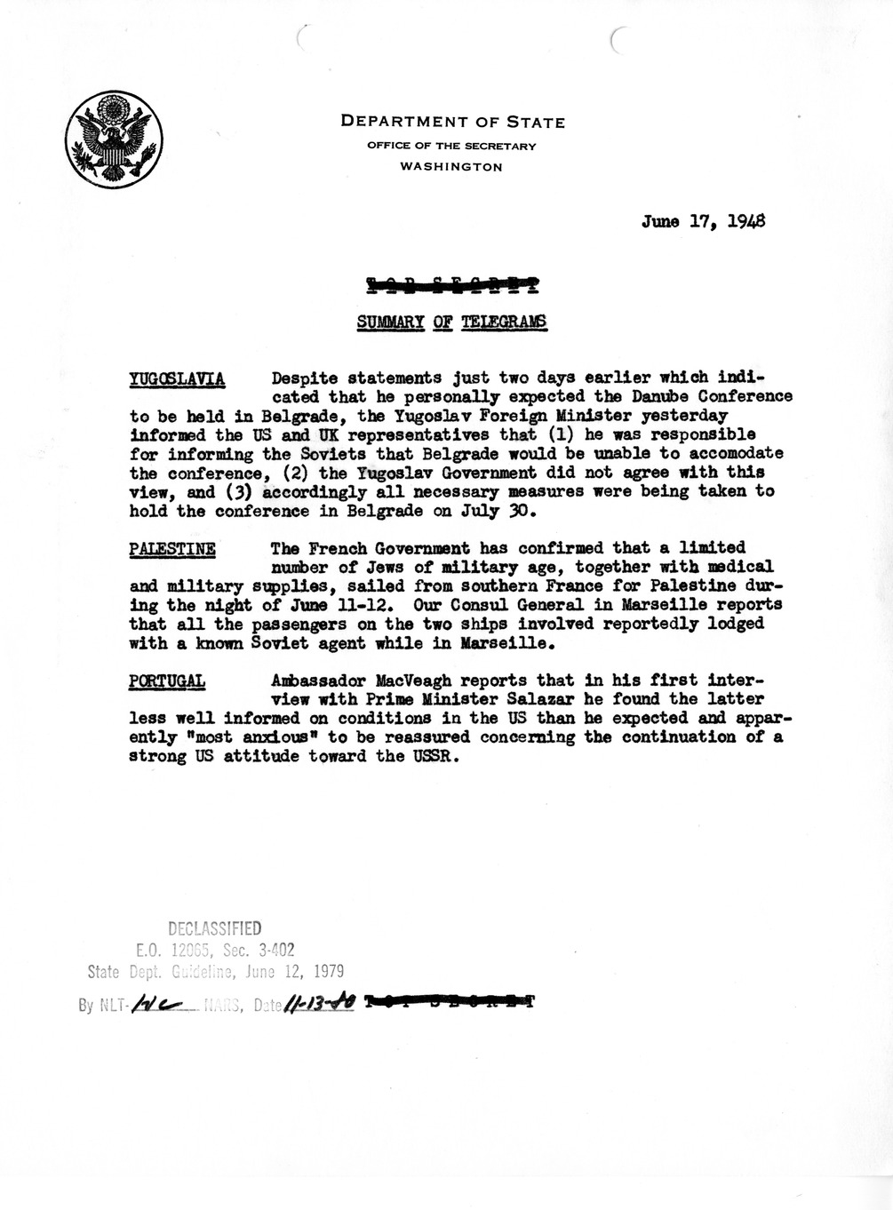 Memorandum, Department of State Summary of Telegrams