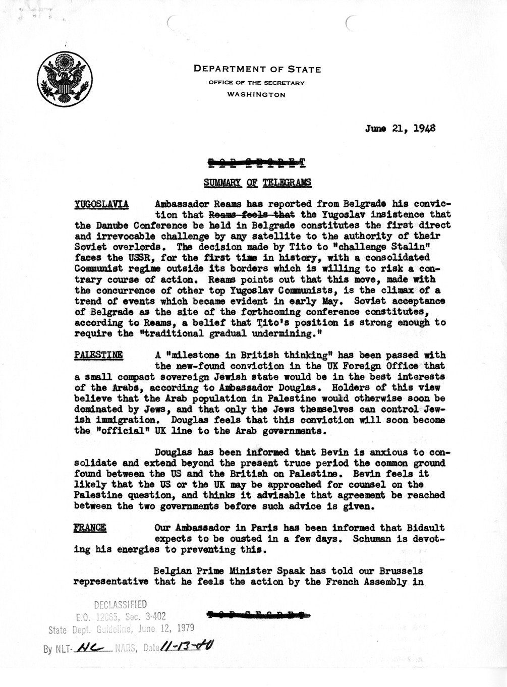 Memorandum, Department of State Summary of Telegrams