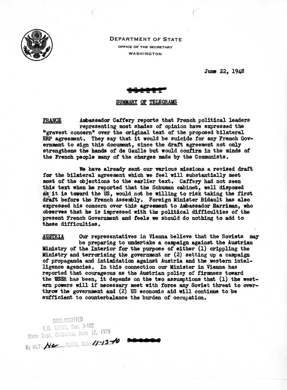 Memorandum, Department of State Summary of Telegrams