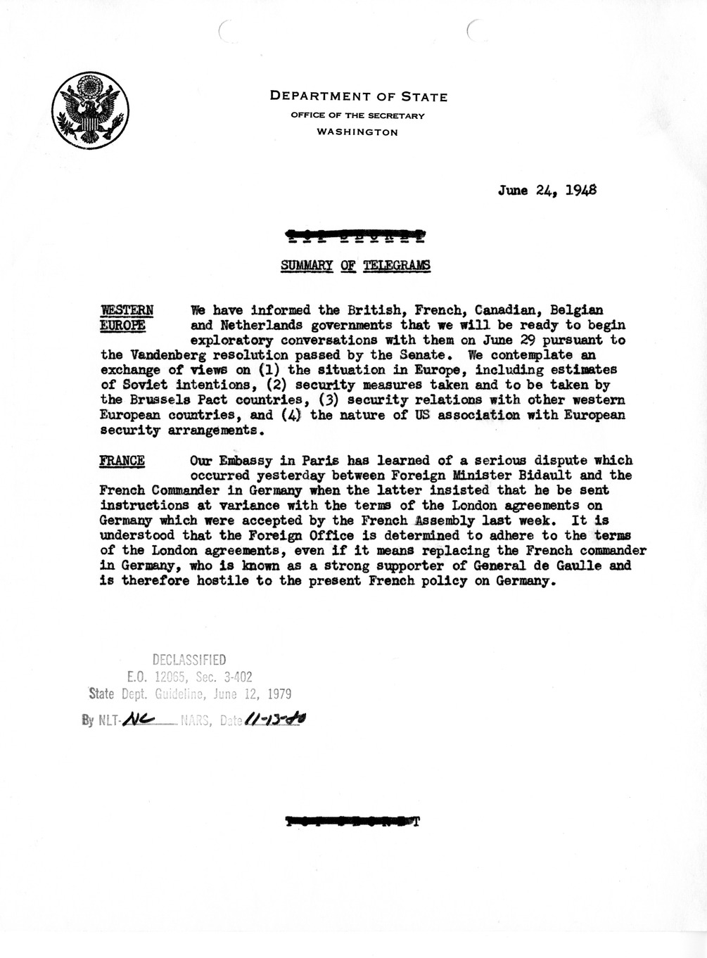 Memorandum, Department of State Summary of Telegrams