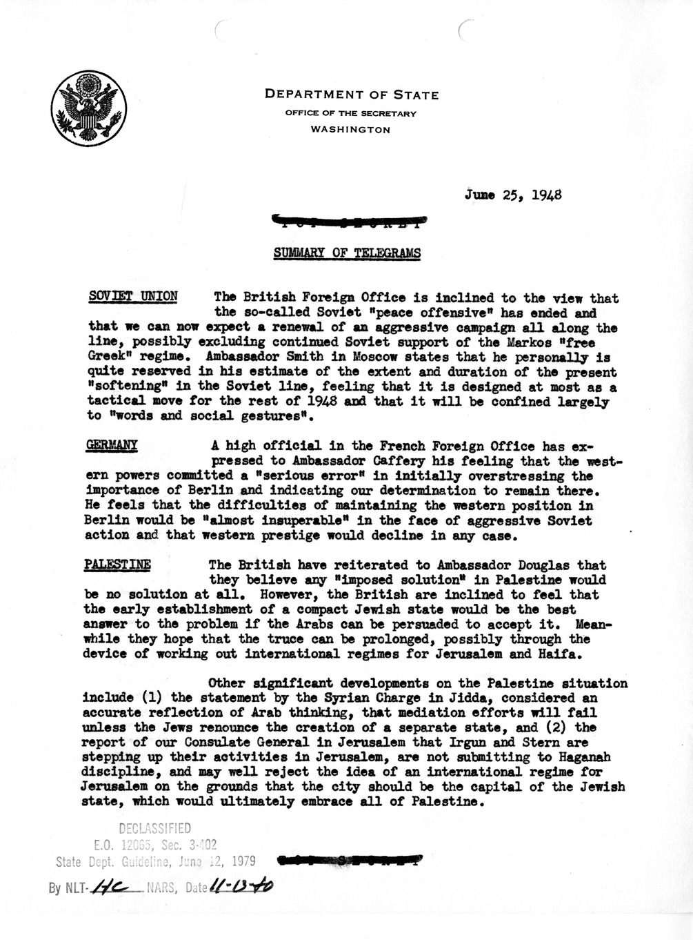 Memorandum, Department of State Summary of Telegrams