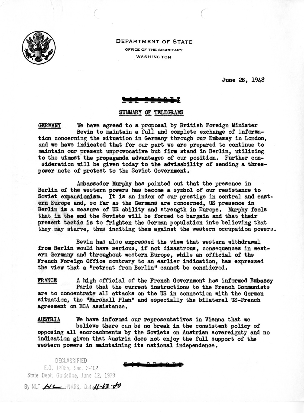 Memorandum, Department of State Summary of Telegrams