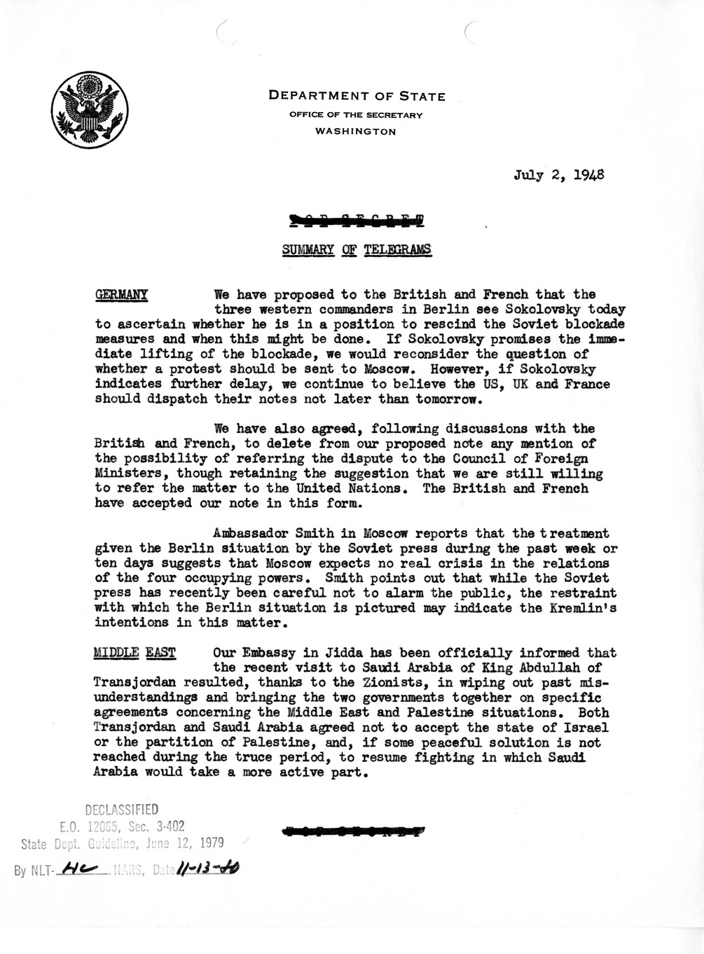 Memorandum, Department of State Summary of Telegrams
