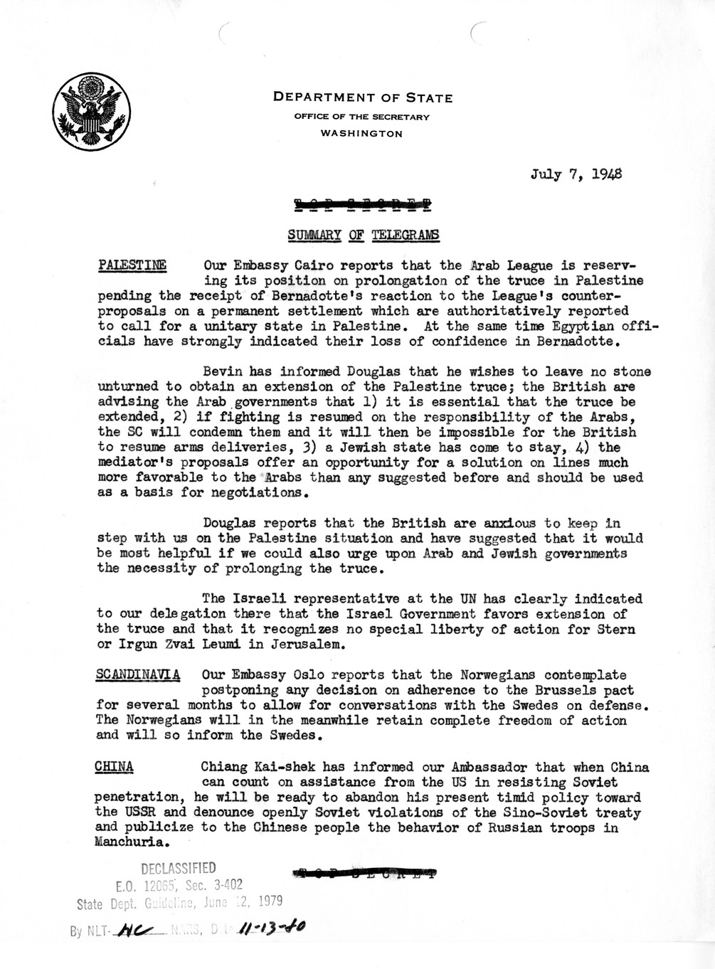 Memorandum, Department of State Summary of Telegrams