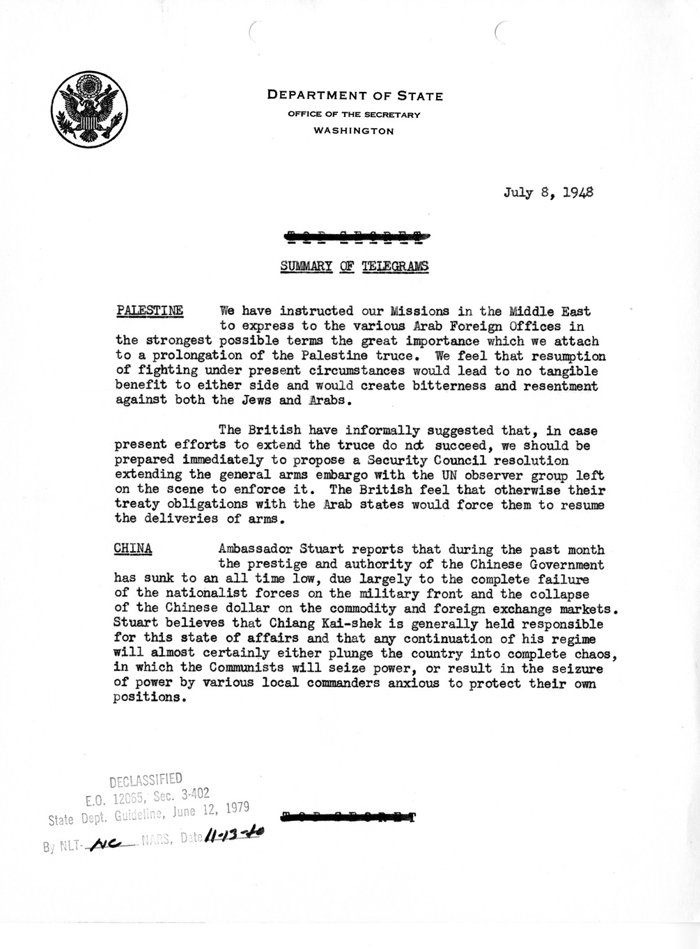 Memorandum, Department of State Summary of Telegrams
