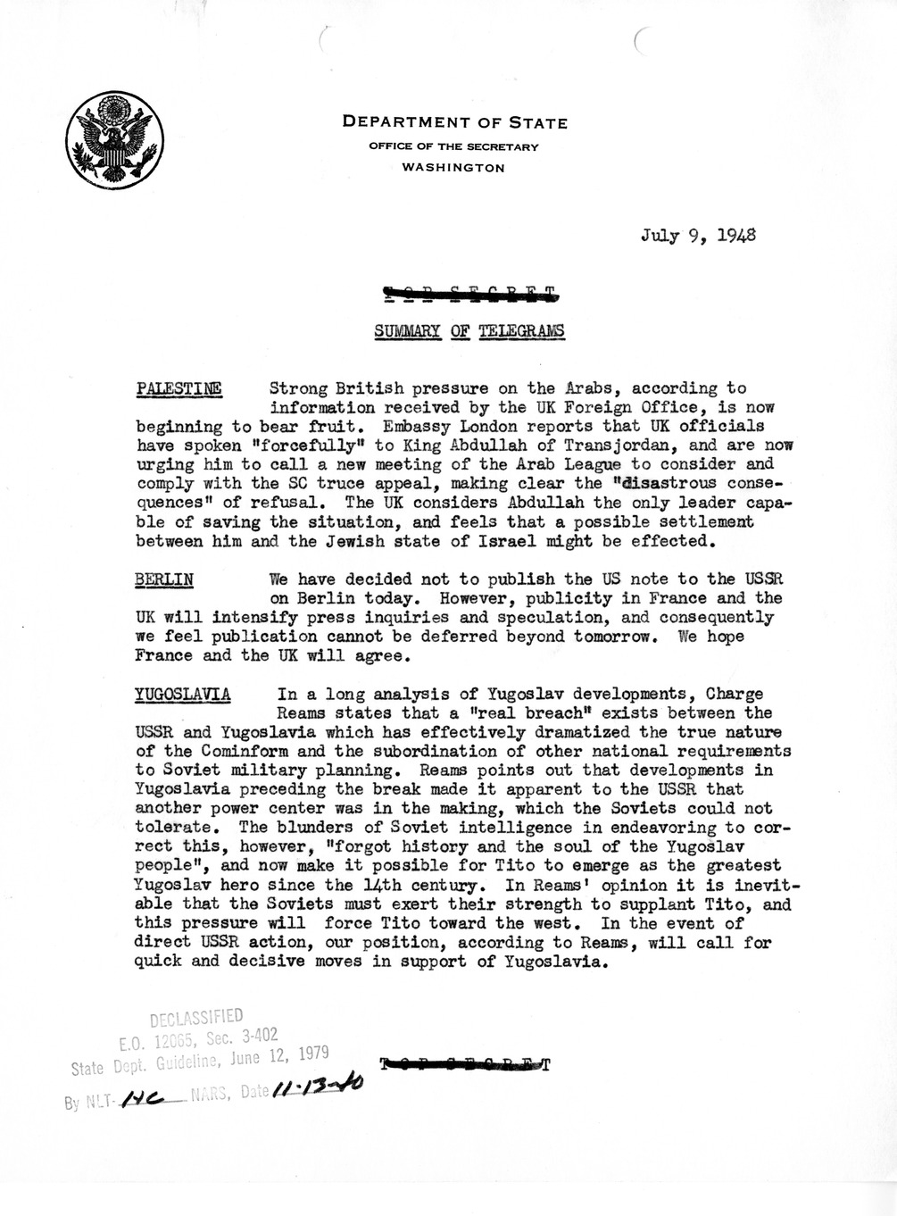 Memorandum, Department of State Summary of Telegrams