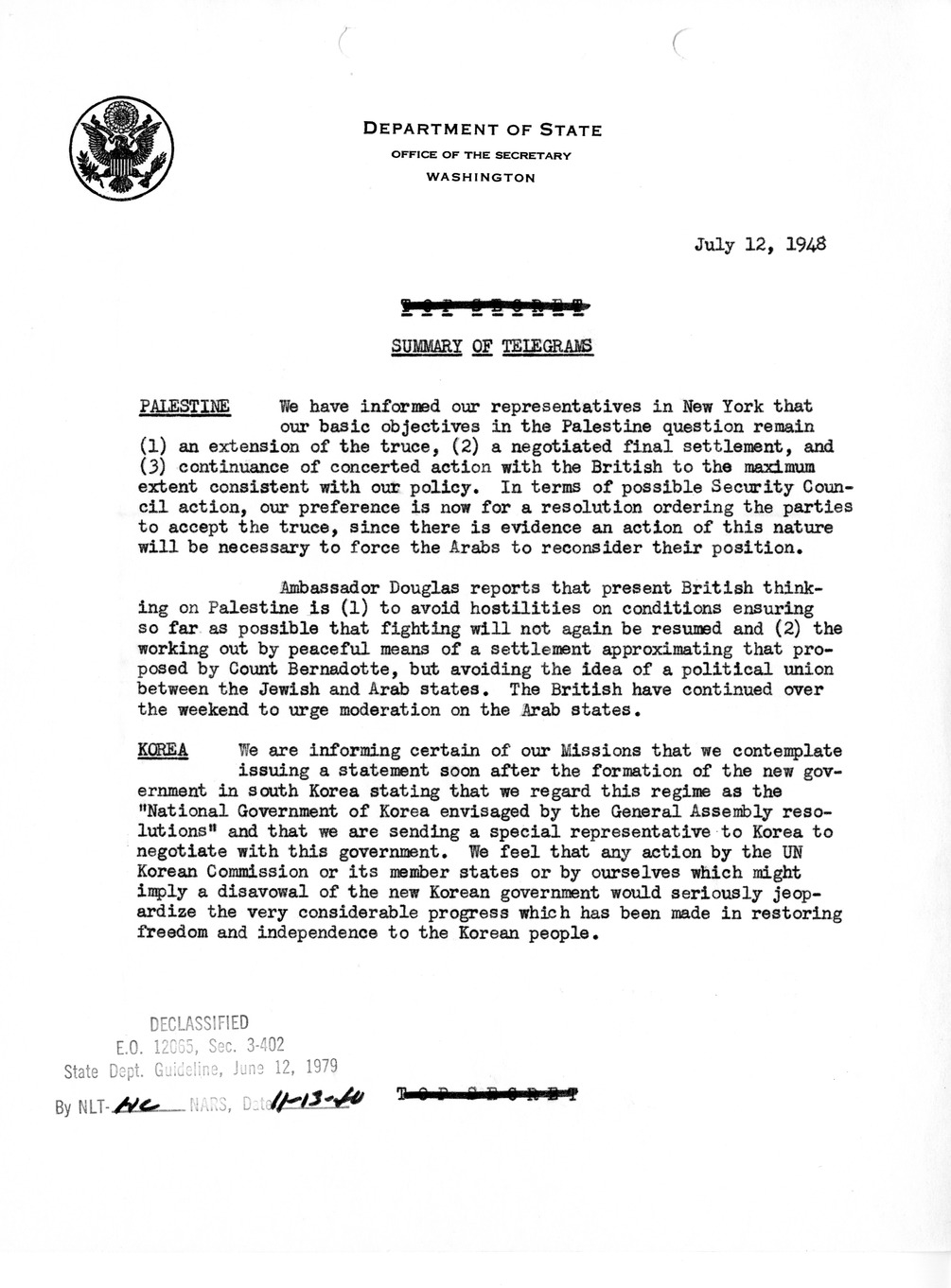 Memorandum, Department of State Summary of Telegrams
