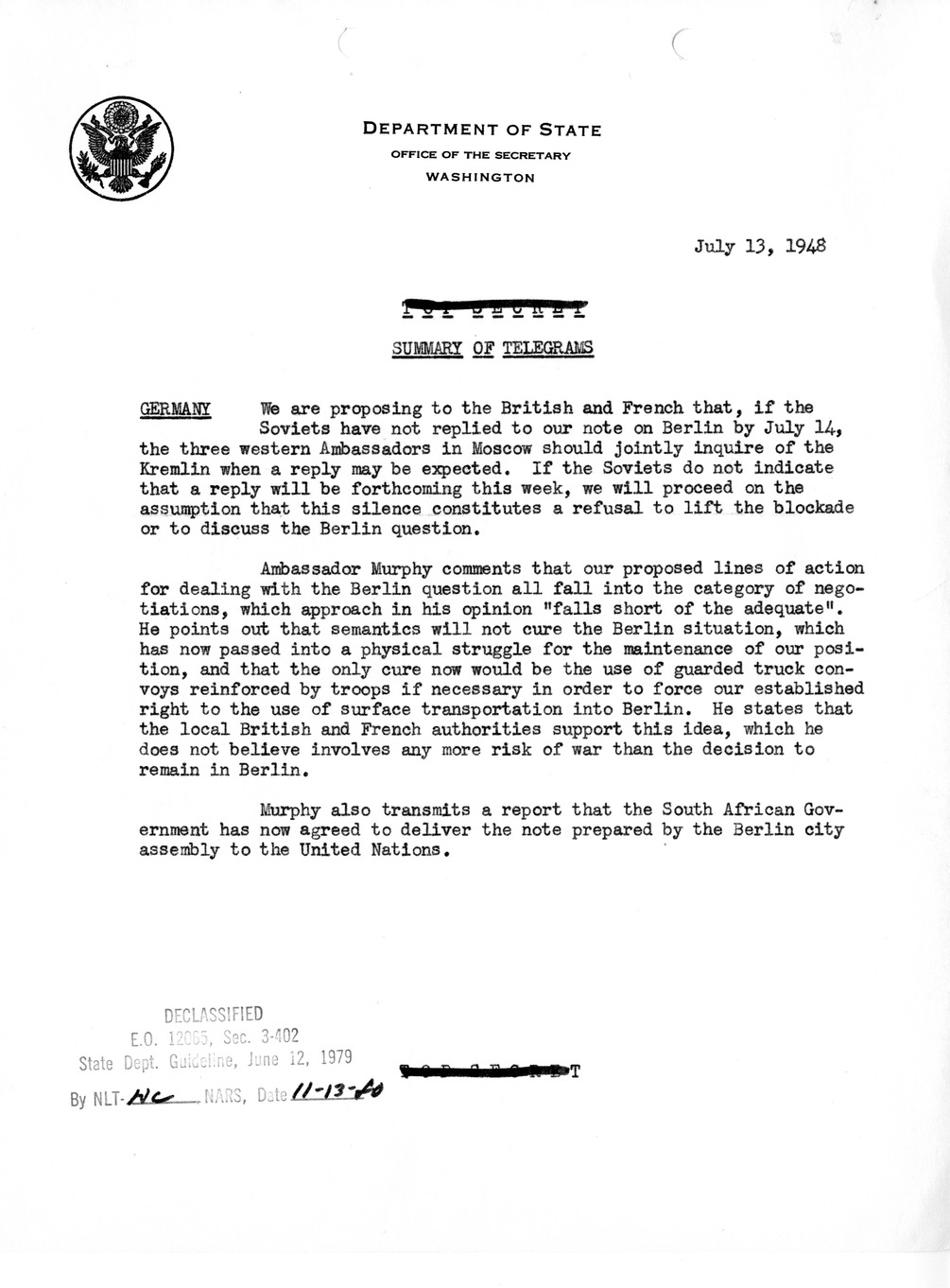Memorandum, Department of State Summary of Telegrams
