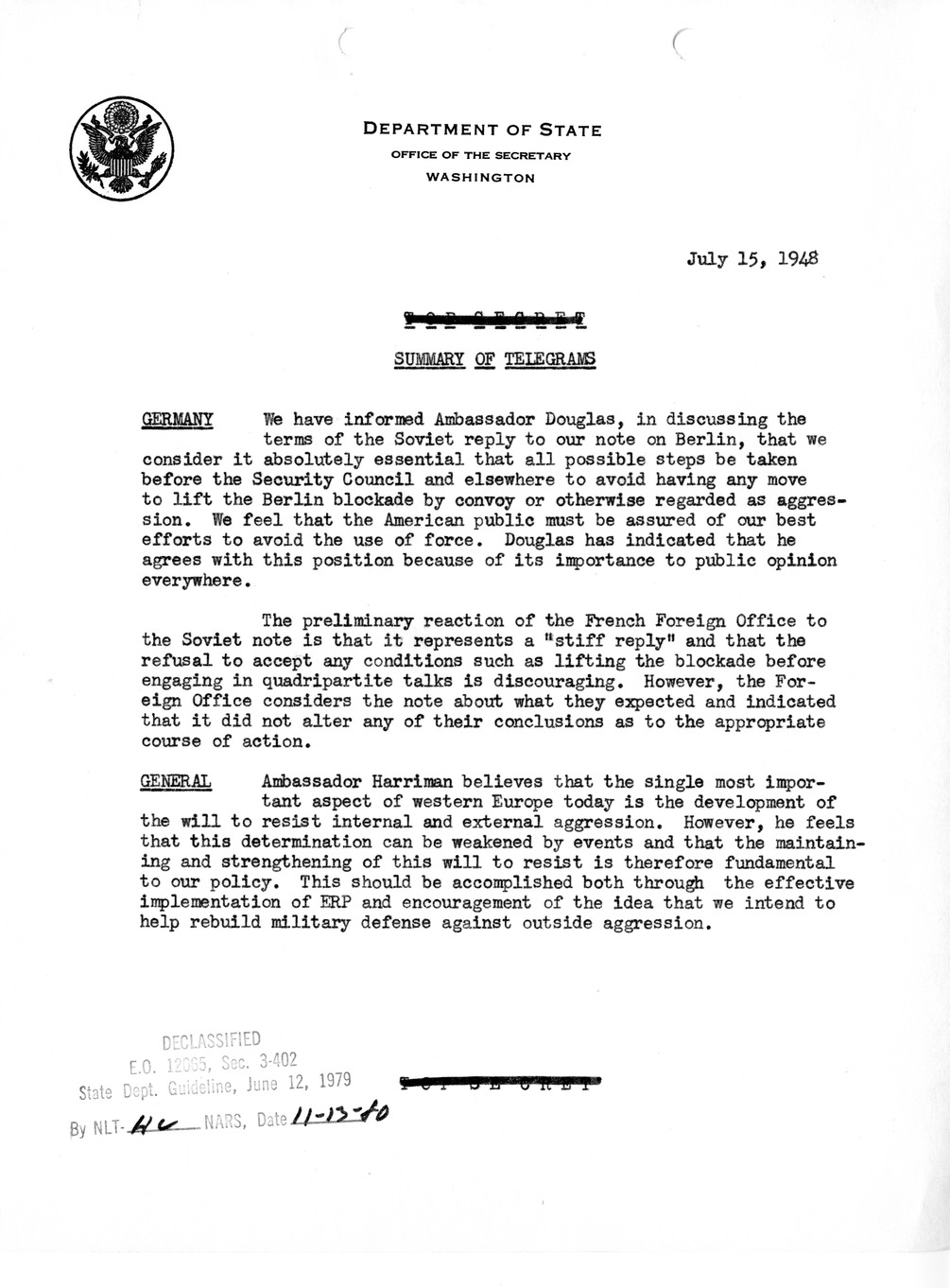 Memorandum, Department of State Summary of Telegrams