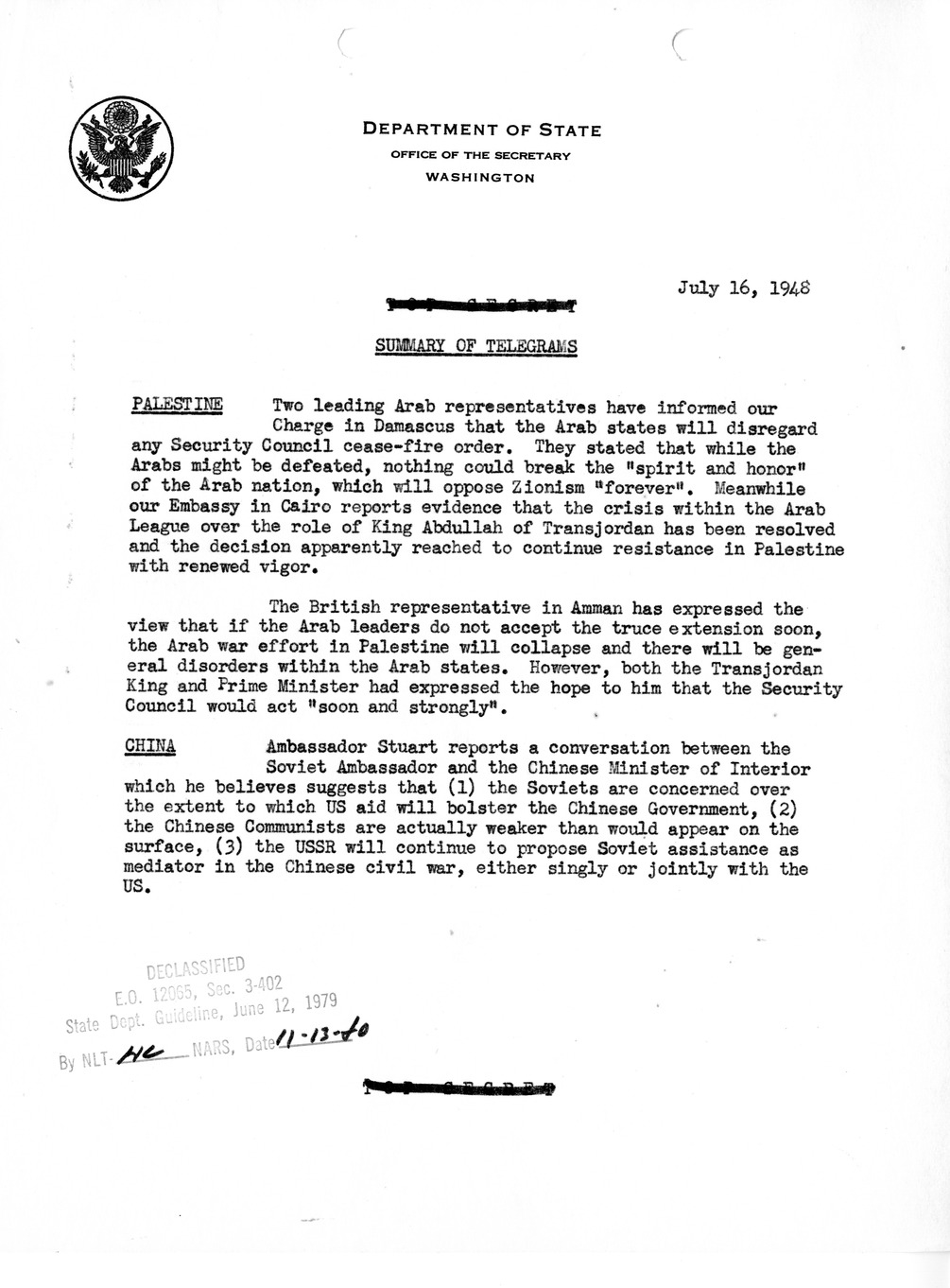 Memorandum, Department of State Summary of Telegrams