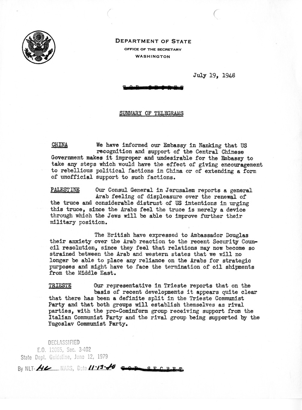 Memorandum, Department of State Summary of Telegrams