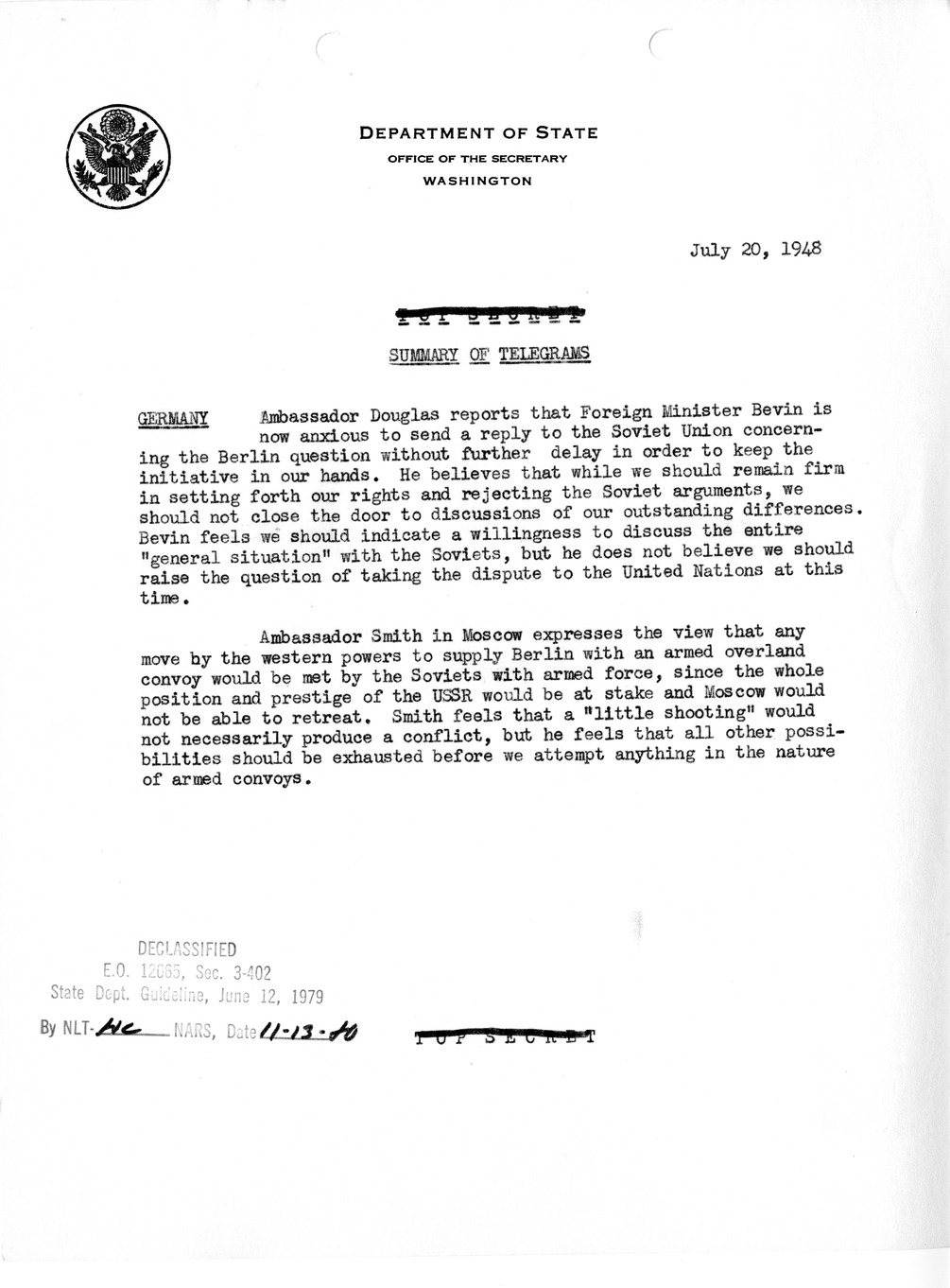 Memorandum, State Department Summary of Telegrams