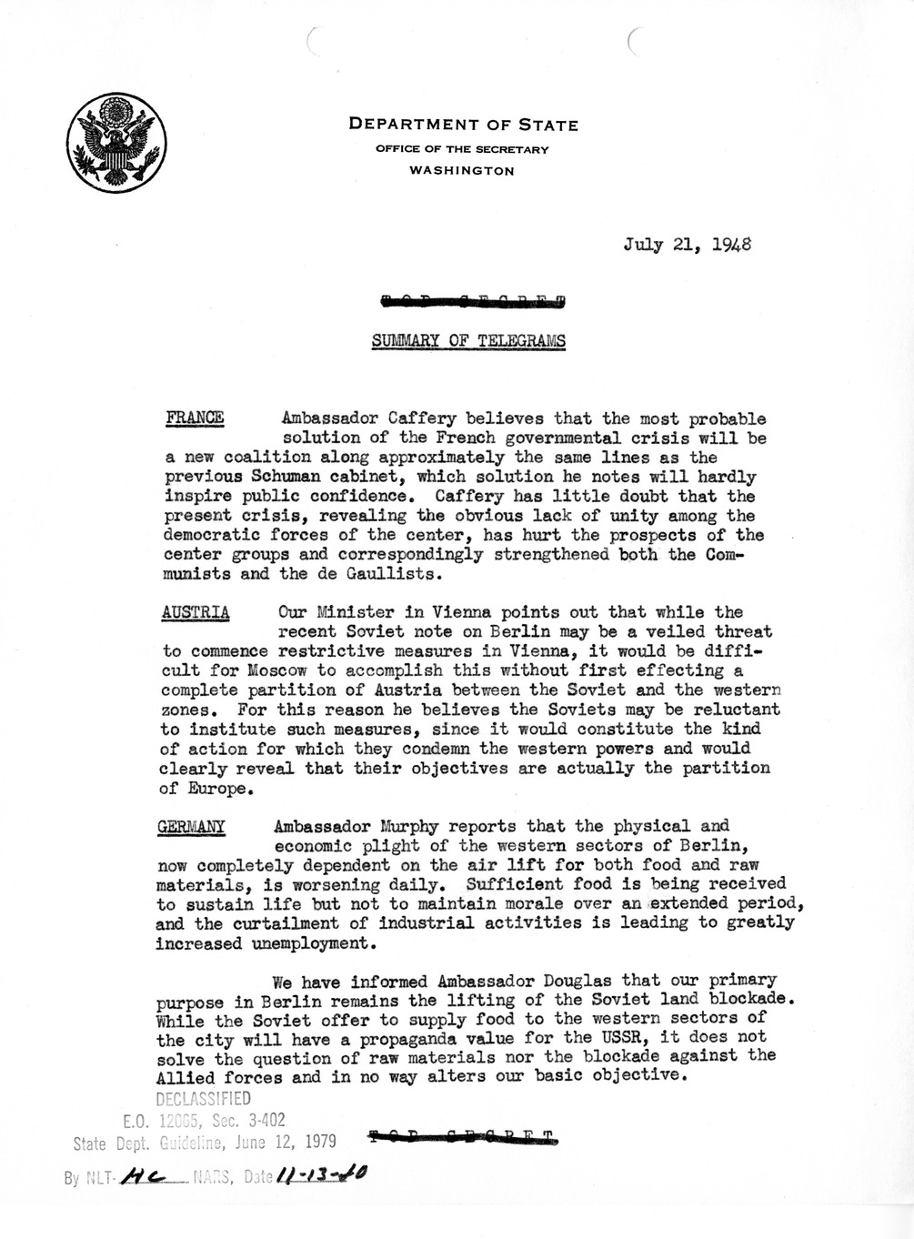 Memorandum, Department of State Summary of Telegrams