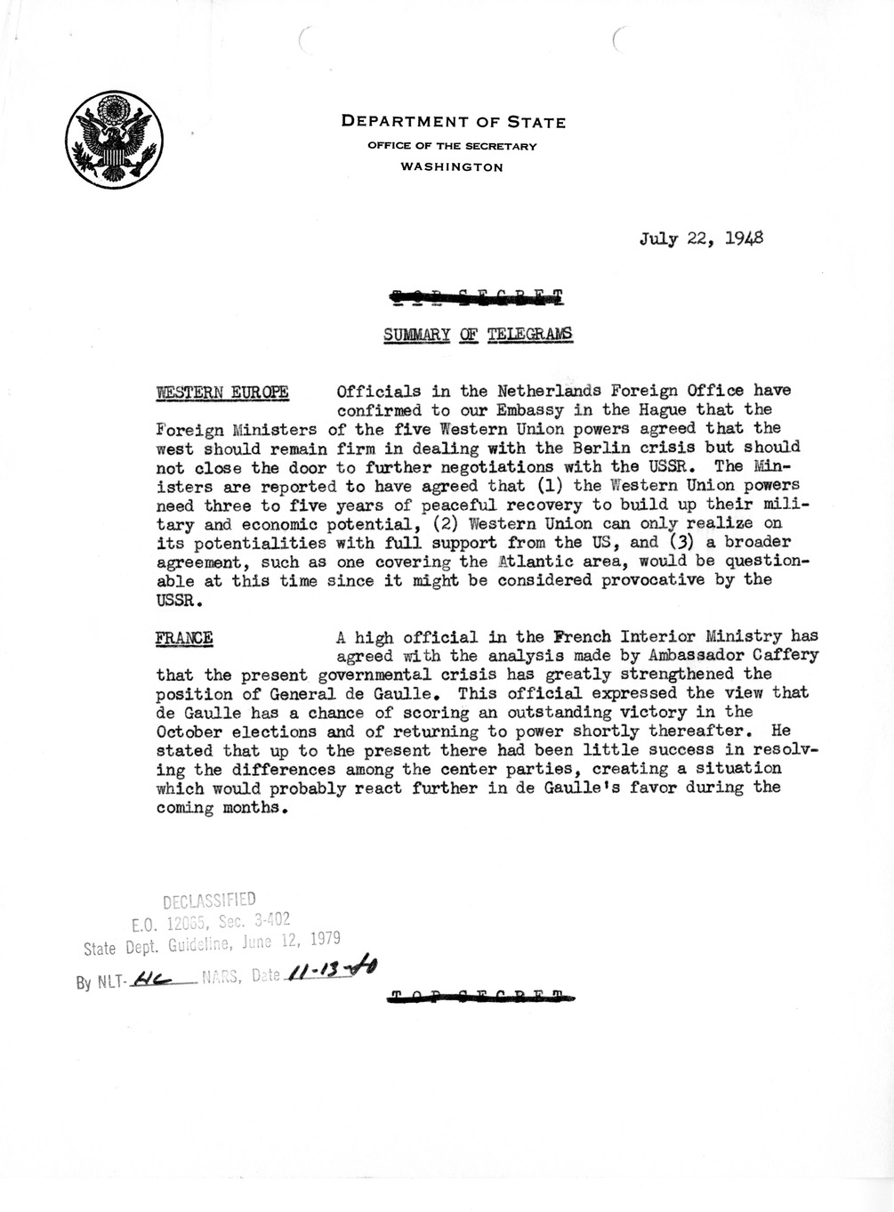 Memorandum, Department of State Summary of Telegrams