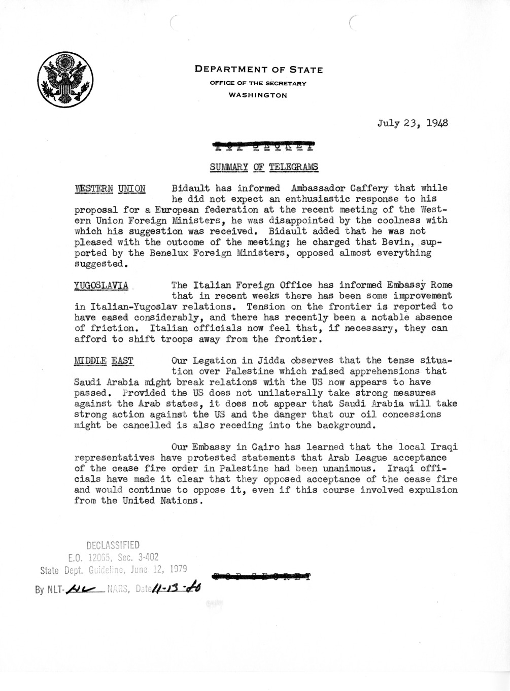 Memorandum, Department of State Summary of Telegrams