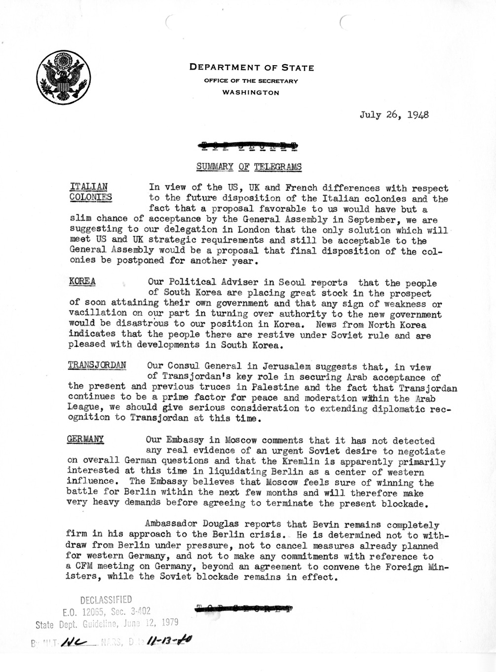 Memorandum, Department of State Summary of Telegrams