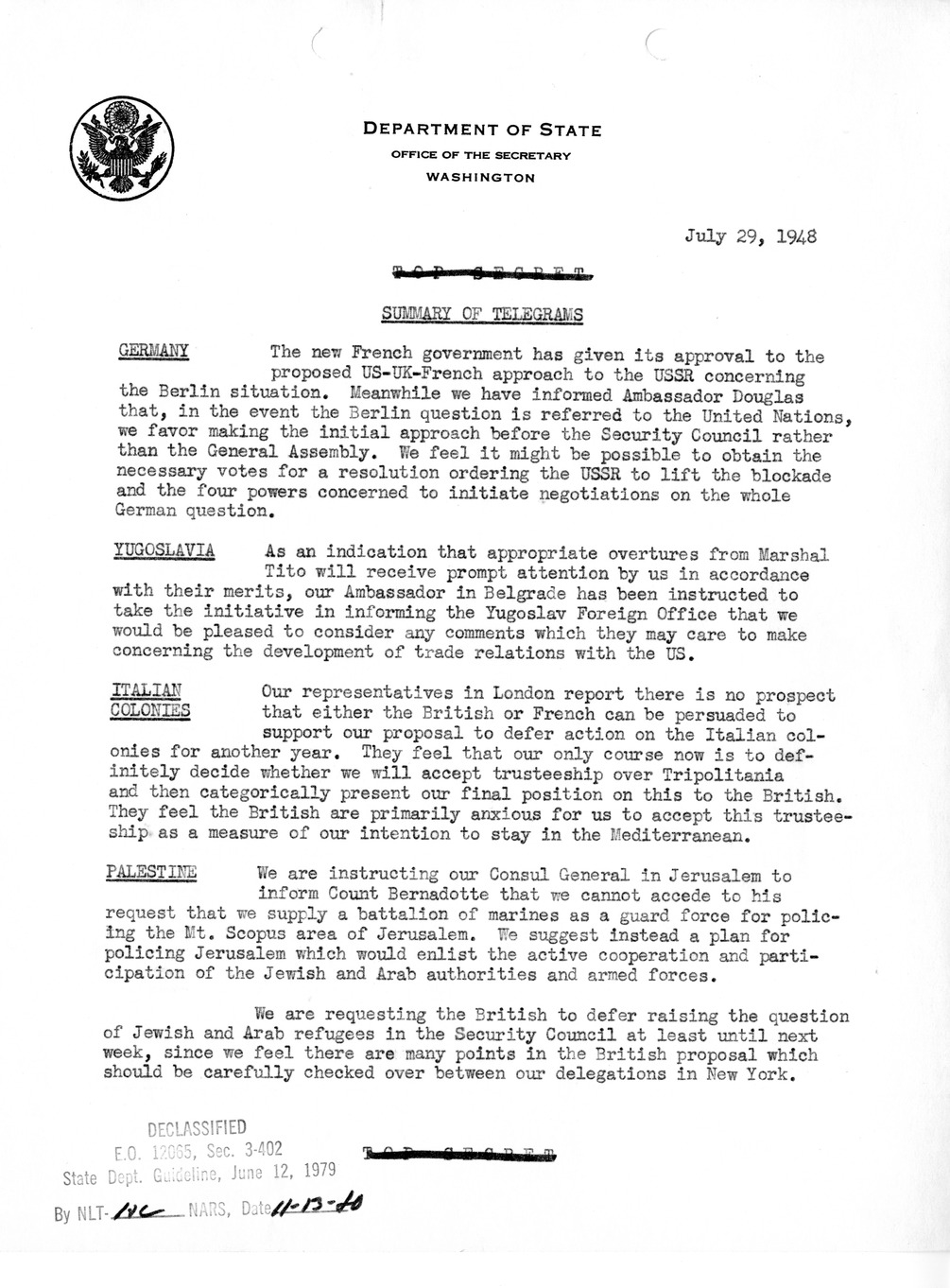 Memorandum, Department of State Summary of Telegrams