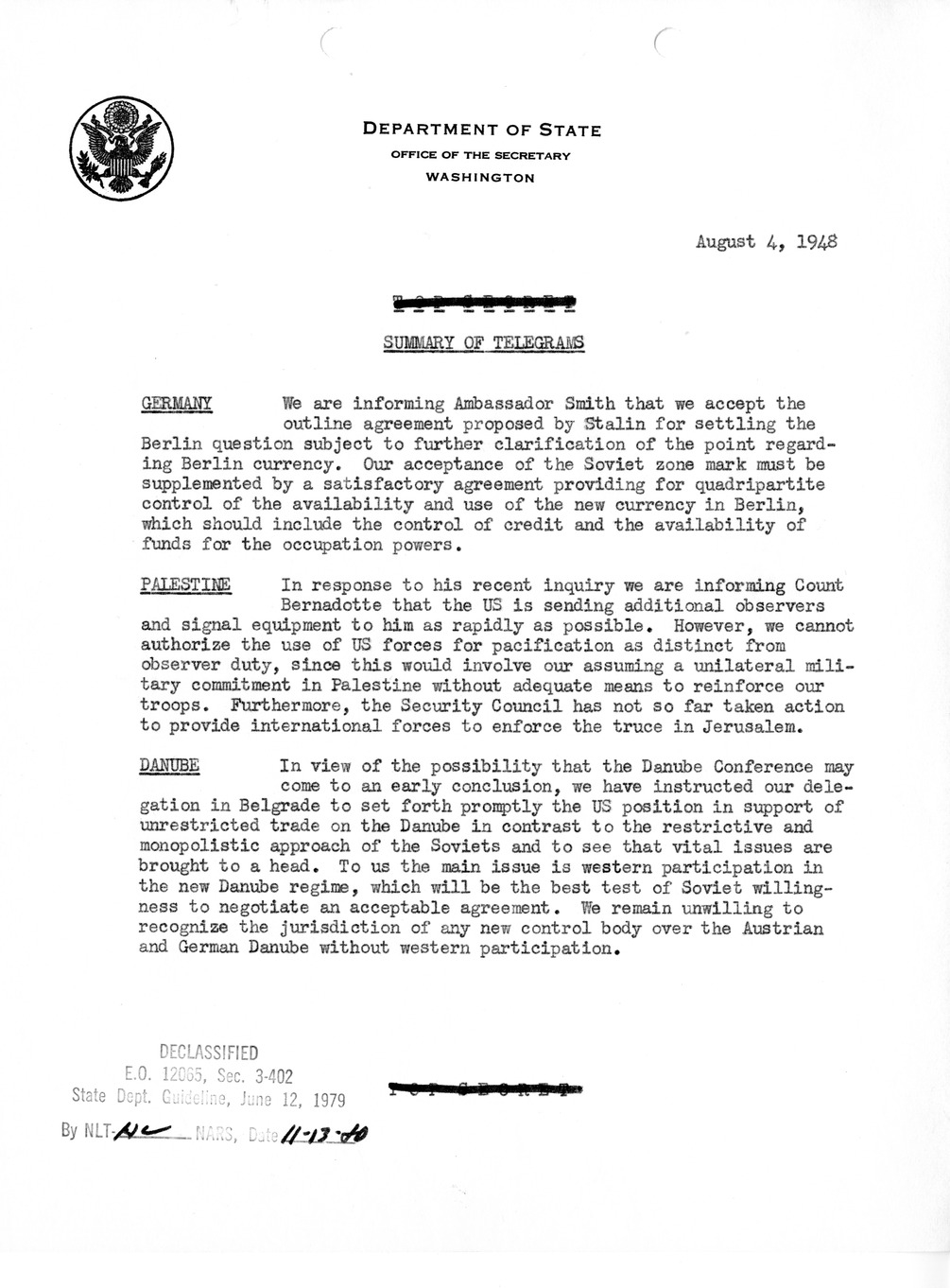 Memorandum, Department of State Summary of Telegrams
