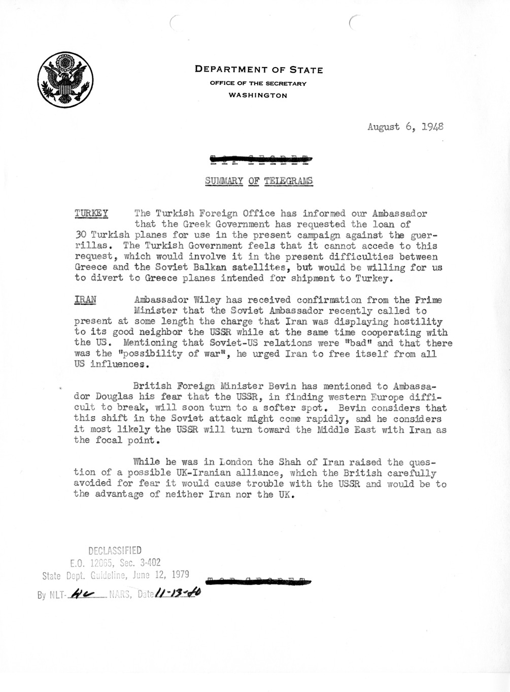 Memorandum, Department of State Summary of Telegrams