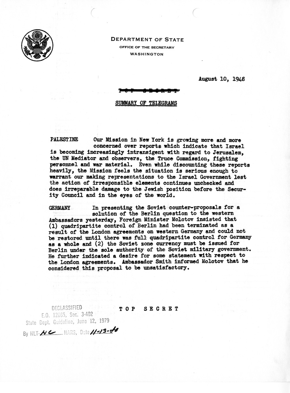 Memorandum, Department of State Summary of Telegrams