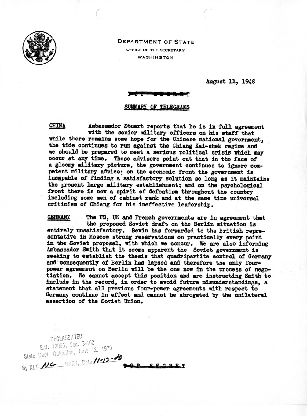 Memorandum, Department of State Summary of Telegrams