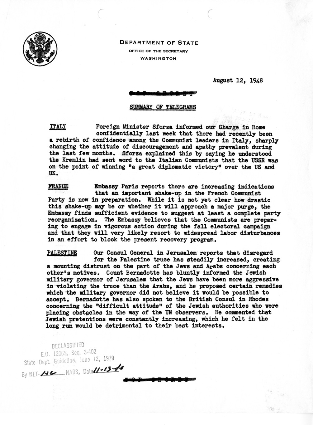 Memorandum, Department of State Summary of Telegrams