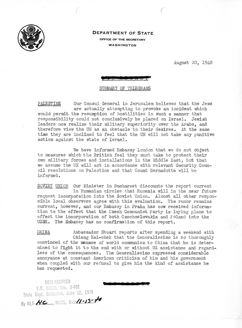 Memorandum, Department of State Summary of Telegrams