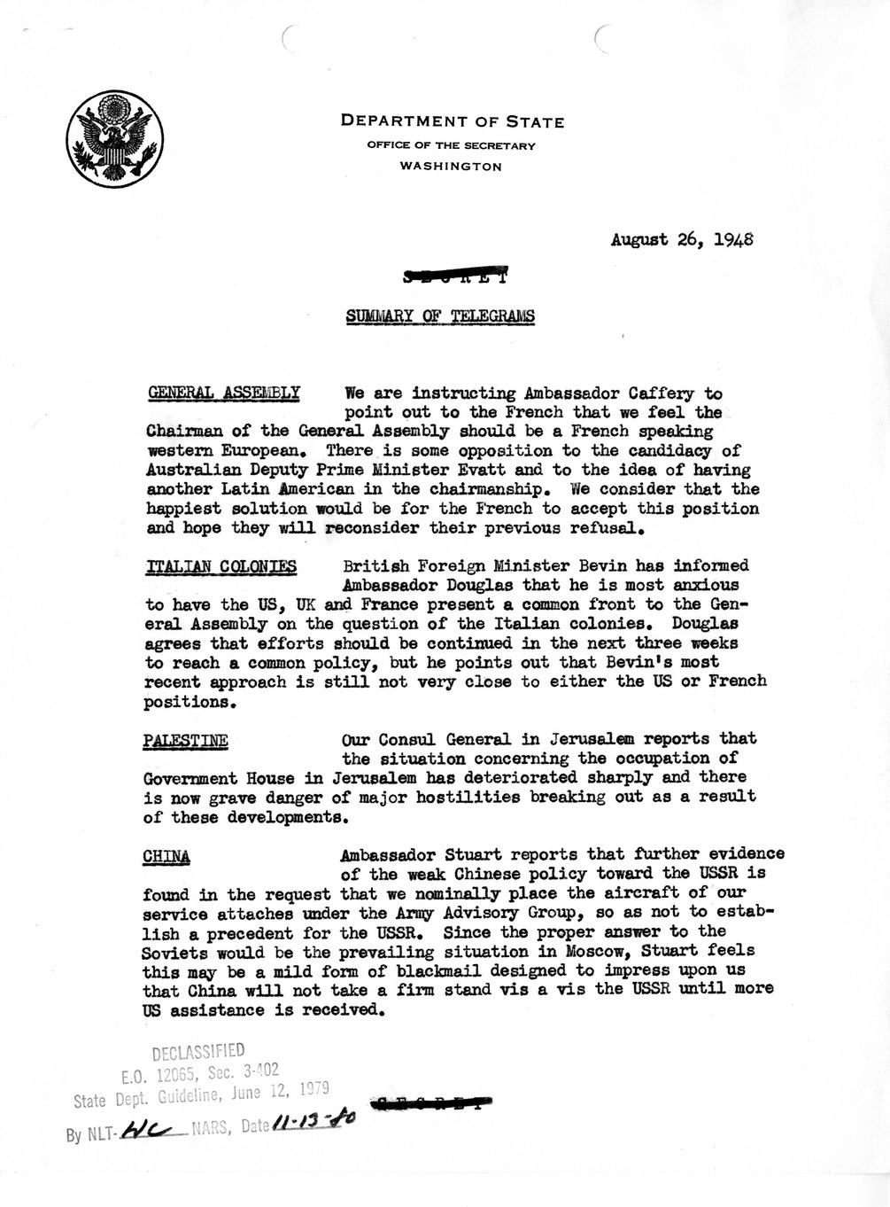 Memorandum, Department of State Summary of Telegrams