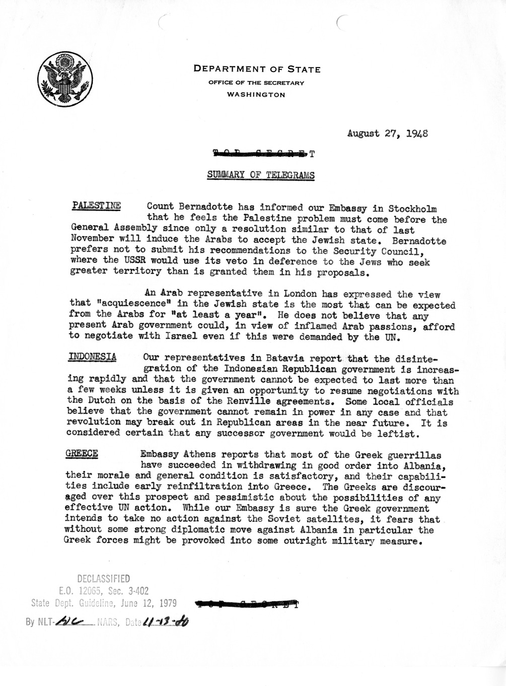 Memorandum, Department of State Summary of Telegrams