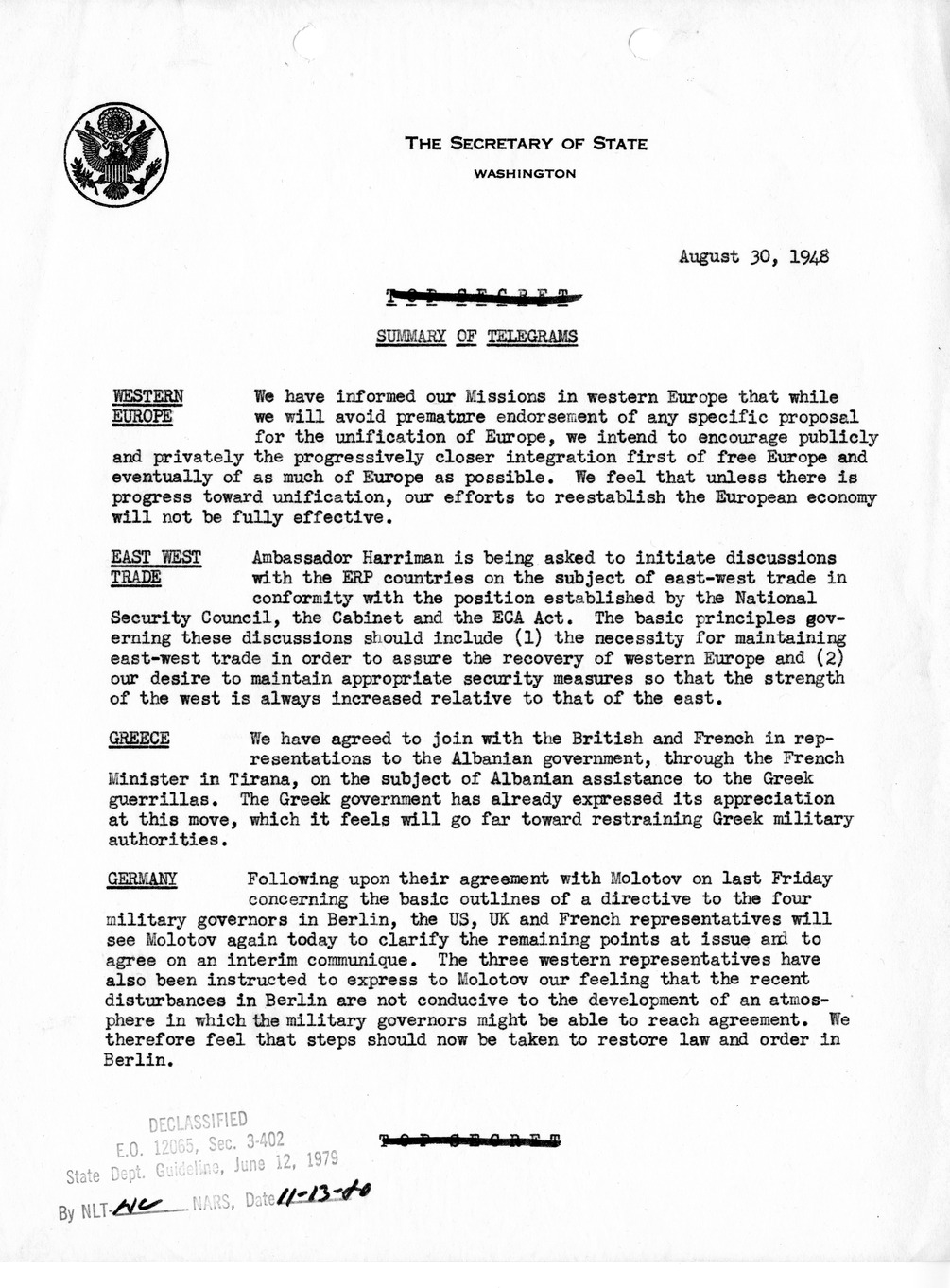 Memorandum, Department of State Summary of Telegrams