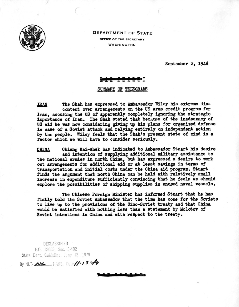 Memorandum, Department of State Summary of Telegrams