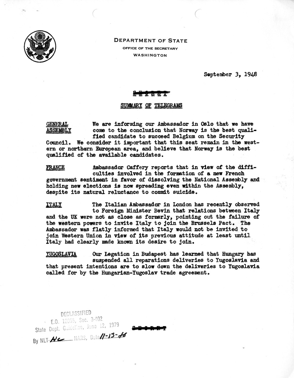 Memorandum, Department of State Summary of Telegrams