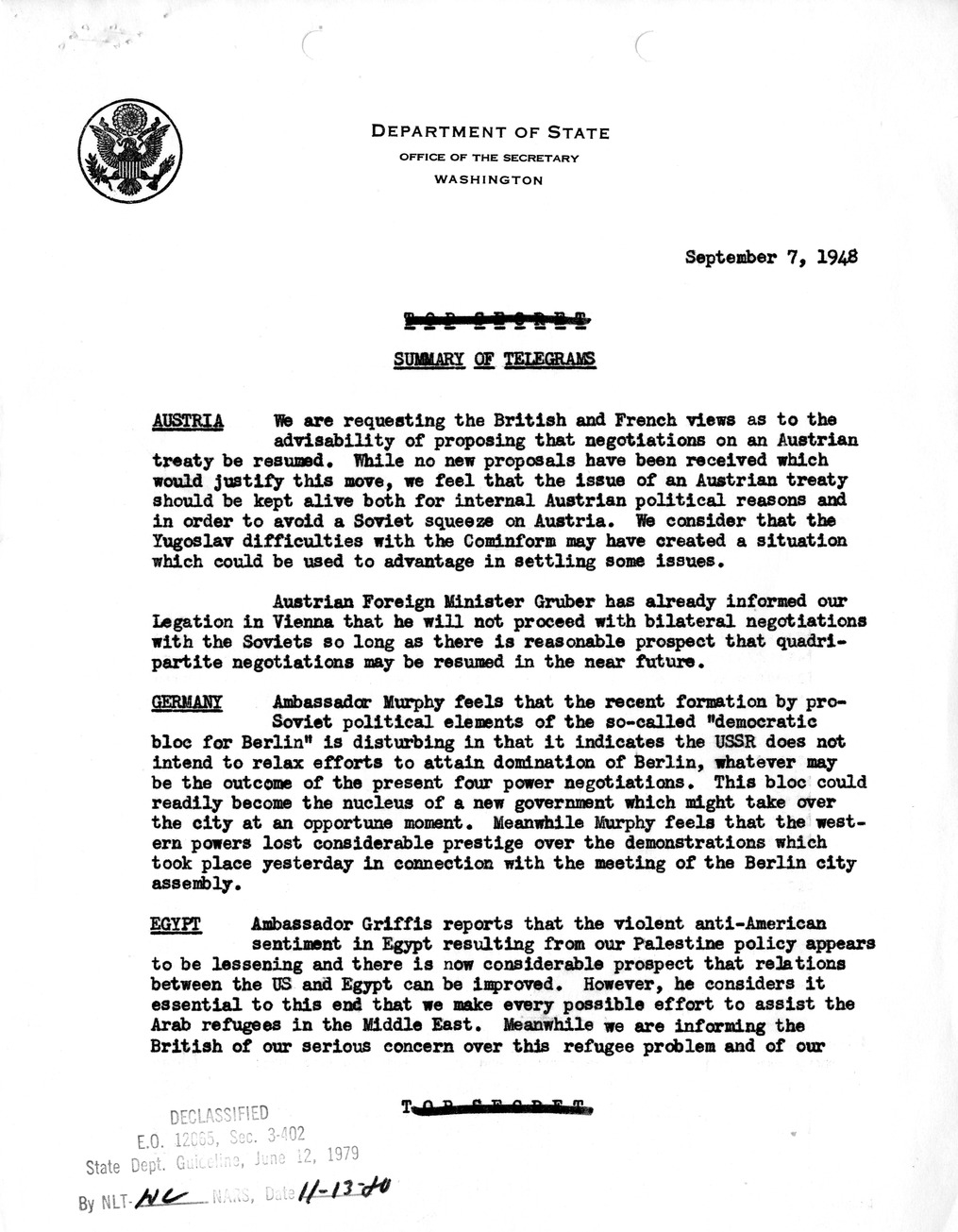 Memorandum, Department of State Summary of Telegrams