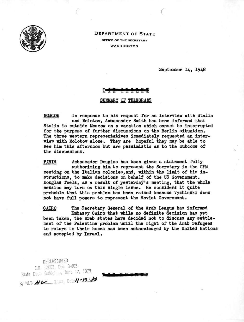 Memorandum, Department of State Summary of Telegrams