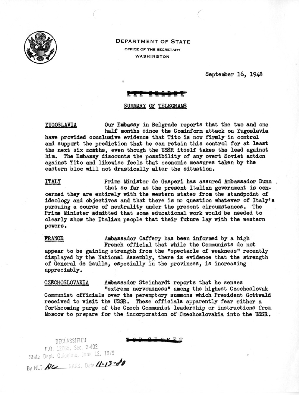 Memorandum, Department of State Summary of Telegrams