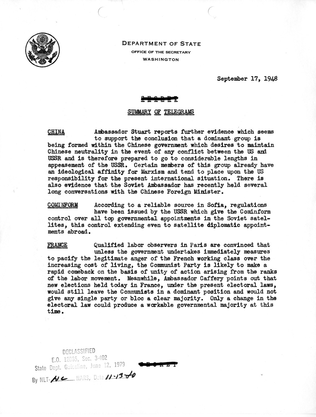Memorandum, Department of State Summary of Telegrams