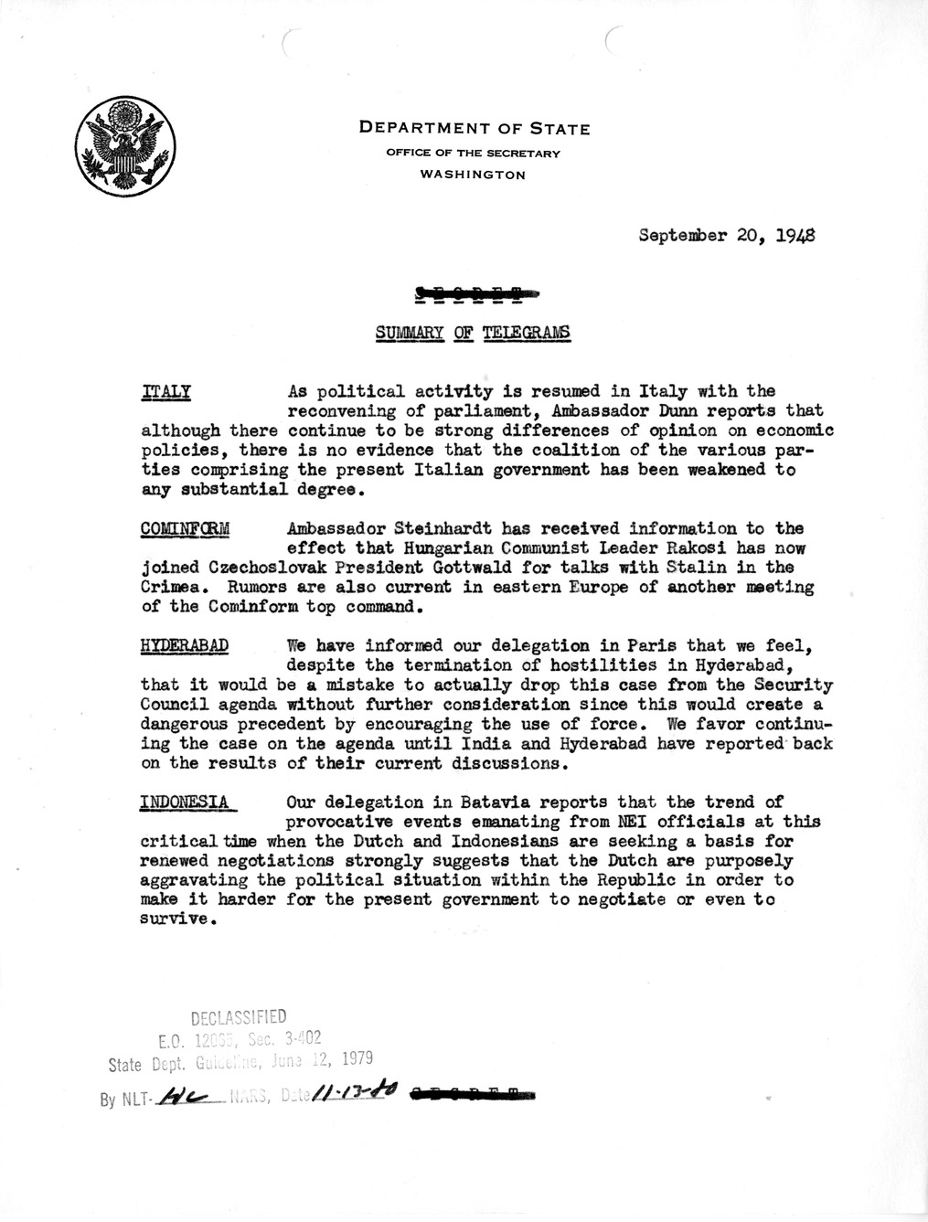 Memorandum, State Department Summary of Telegrams