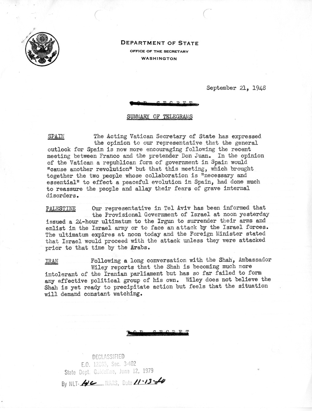 Memorandum, Department of State Summary of Telegrams