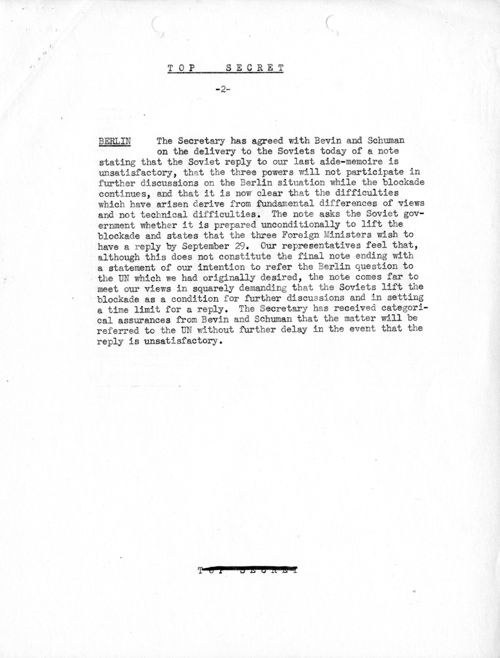 Memorandum, Department of State Summary of Telegrams