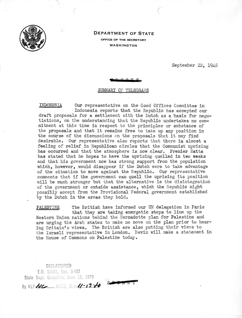 Memorandum, Department of State Summary of Telegrams