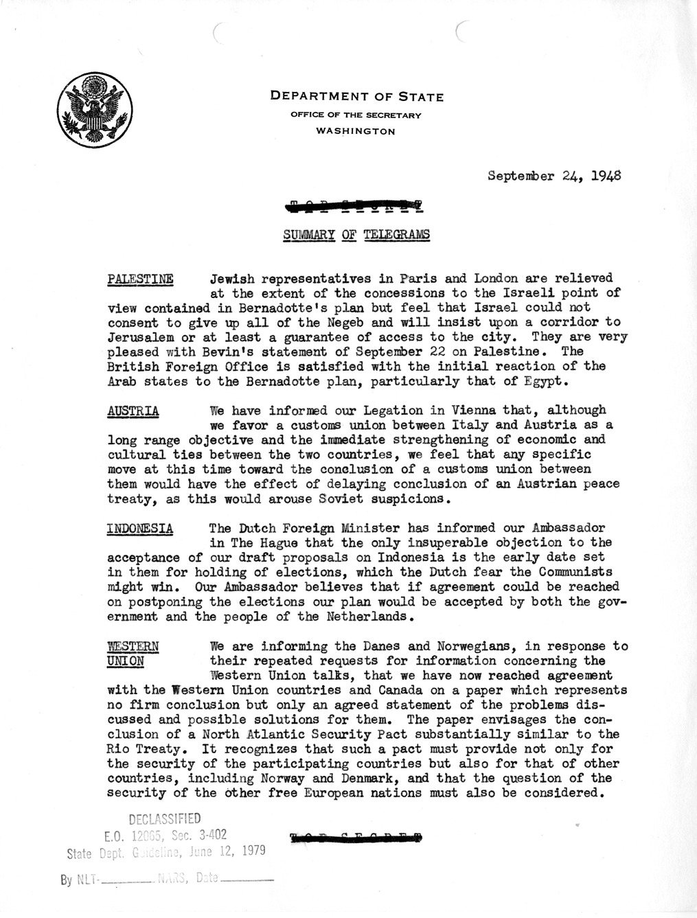 Memorandum, Department of State Summary of Telegrams
