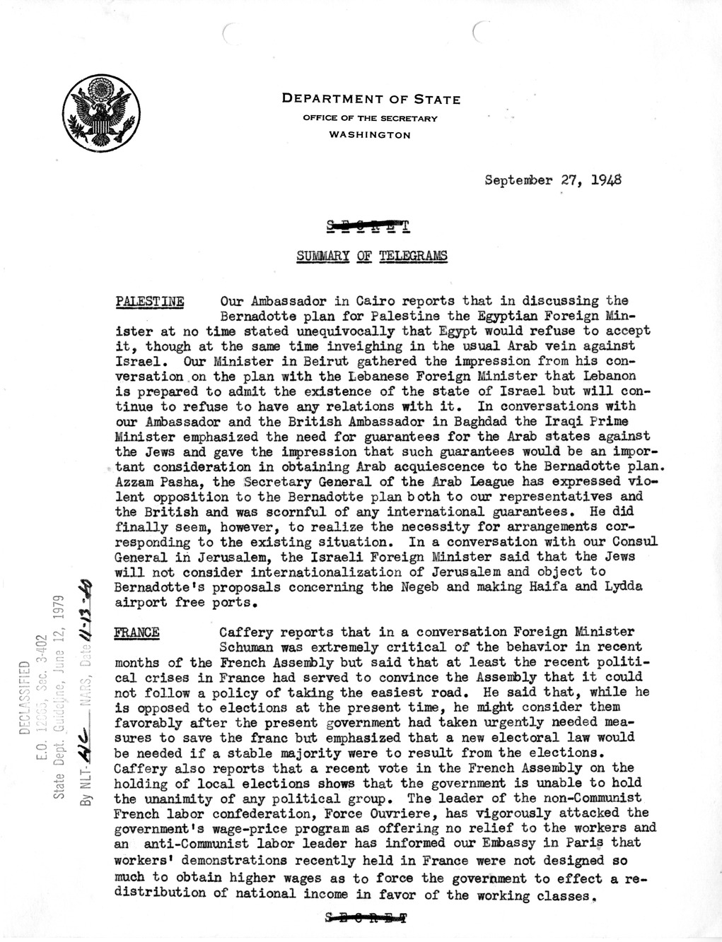 Memorandum, Department of State Summary of Telegrams