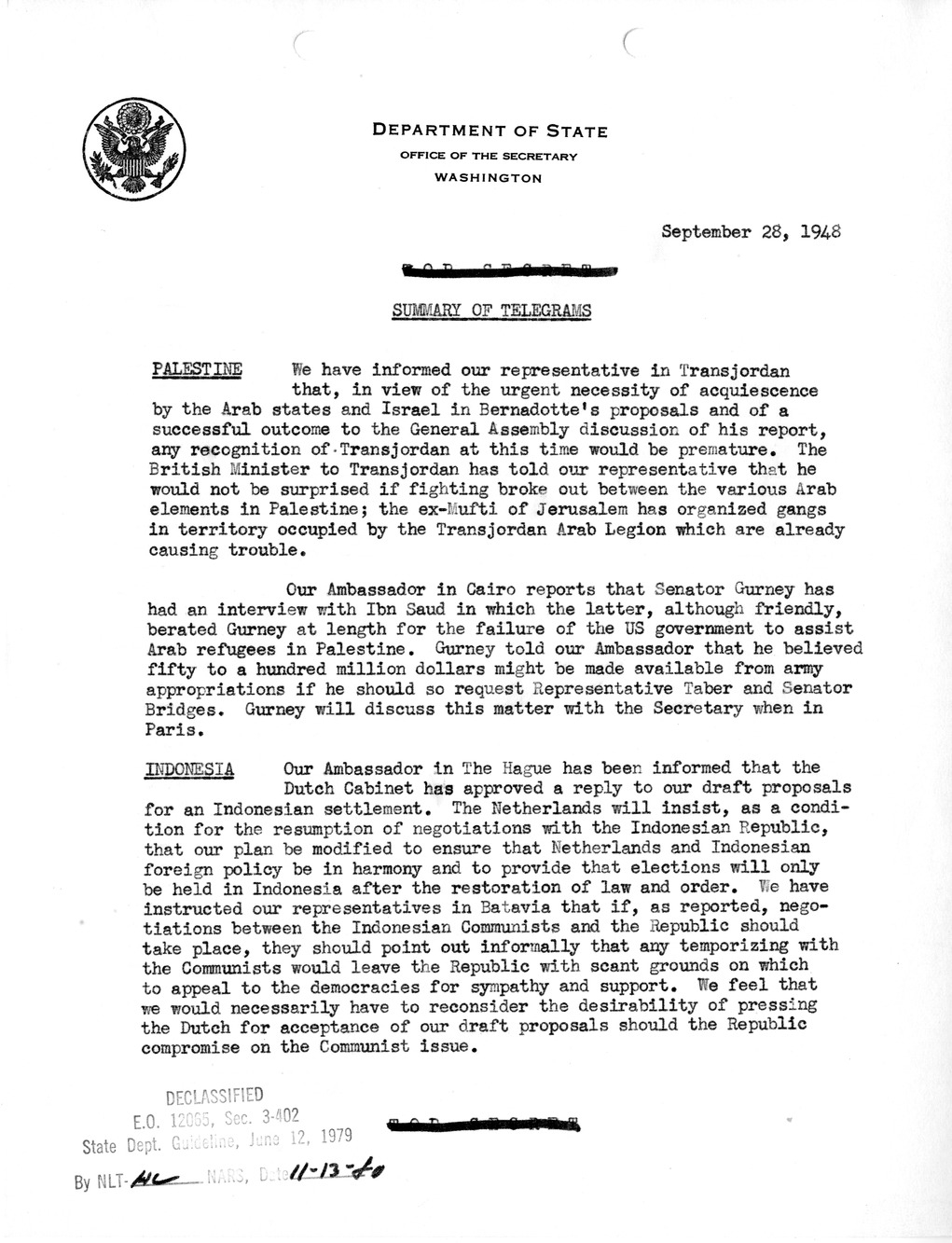 Memorandum, State Department Summary of Telegrams