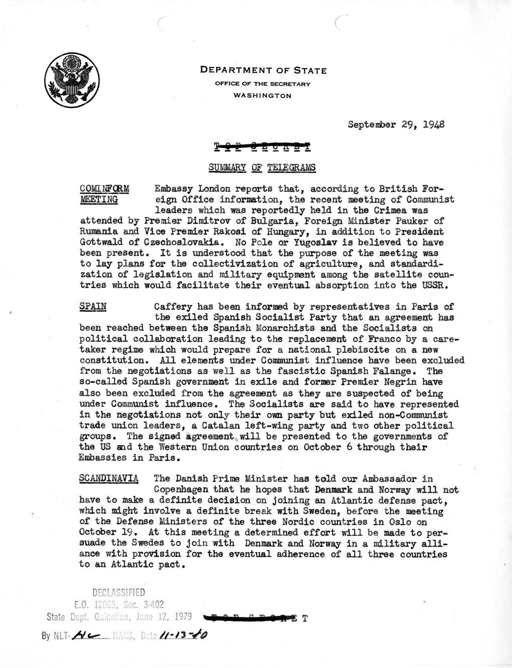 Memorandum, Department of State Summary of Telegrams