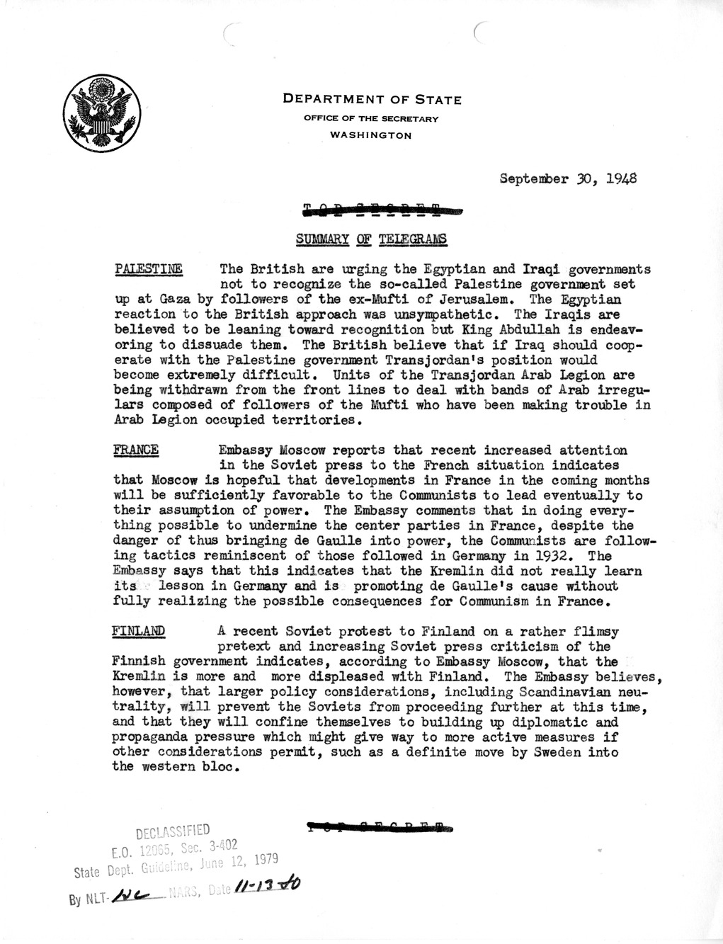 Memorandum, Department of State Summary of Telegrams