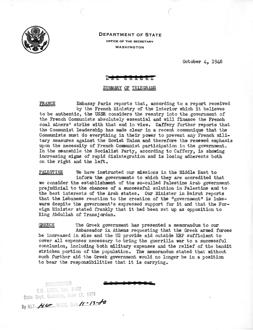 Memorandum, State Department Summary of Telegrams