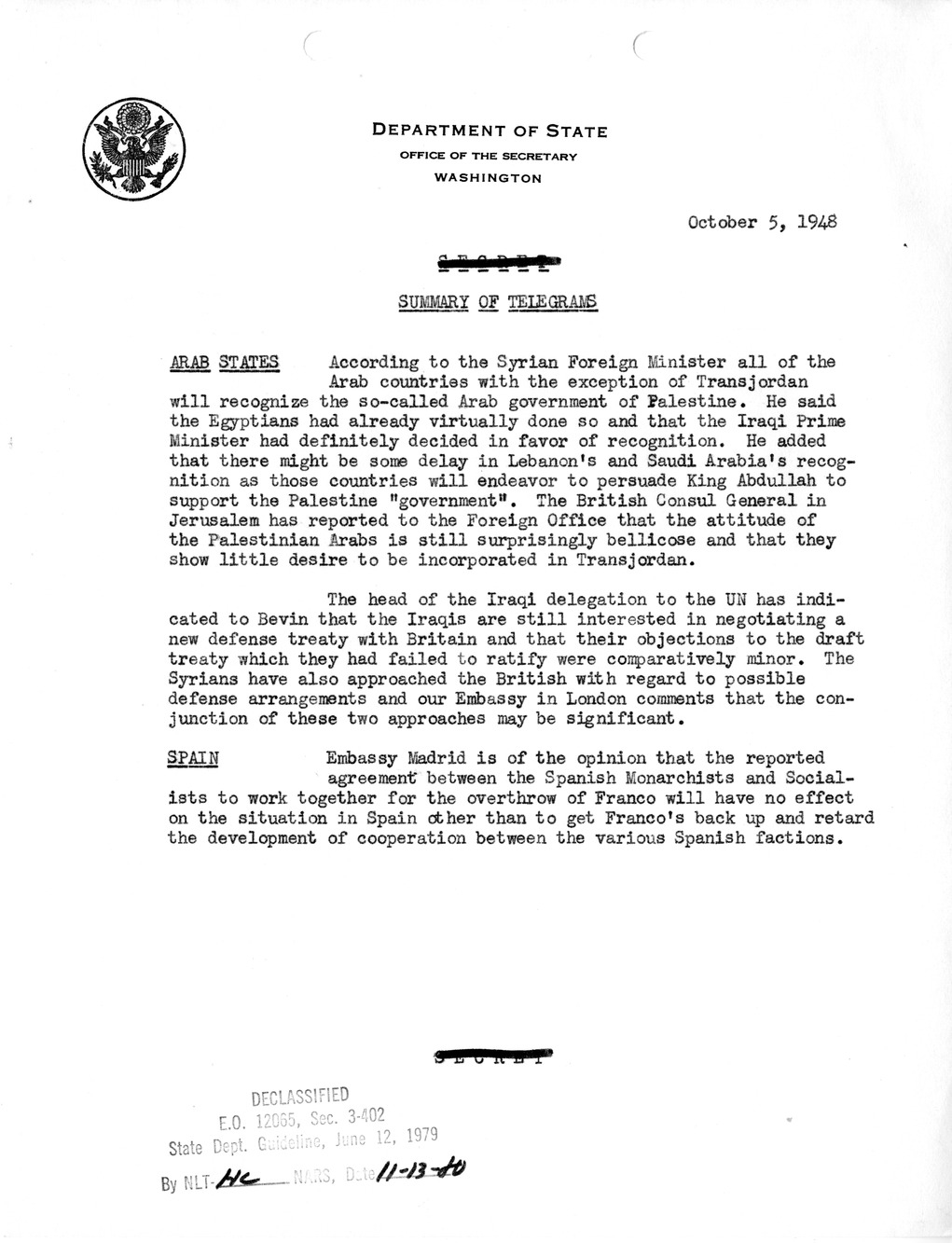 Memorandum, Department of State Summary of Telegrams