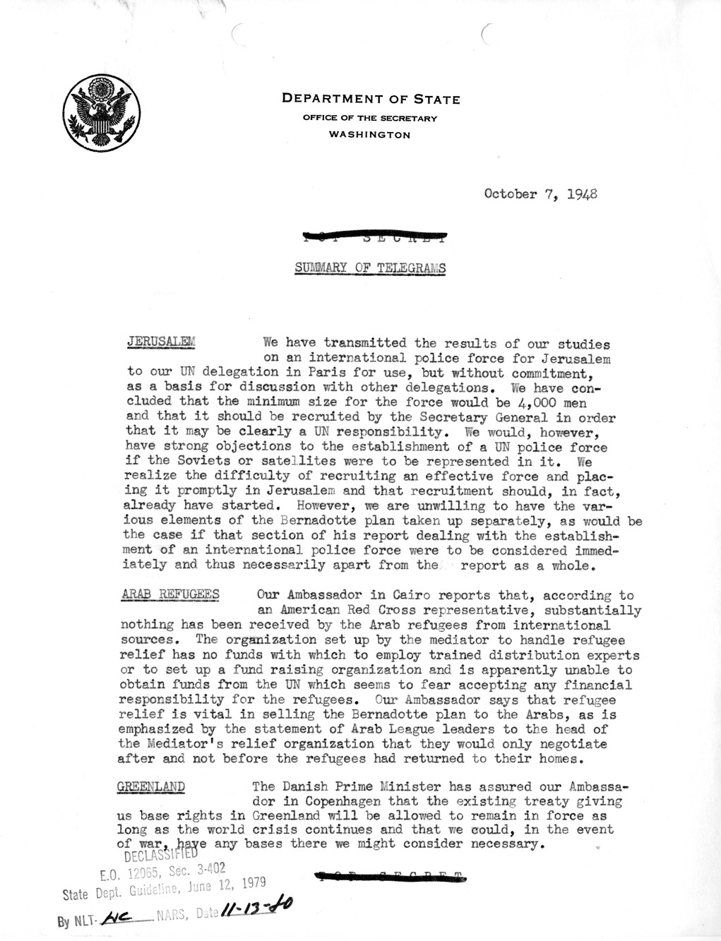 Memorandum, Department of State Summary of Telegrams