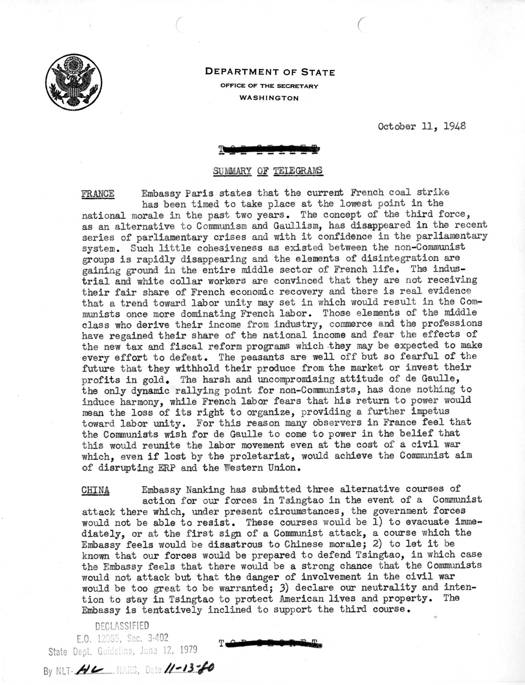 Memorandum, State Department Summary of Telegrams