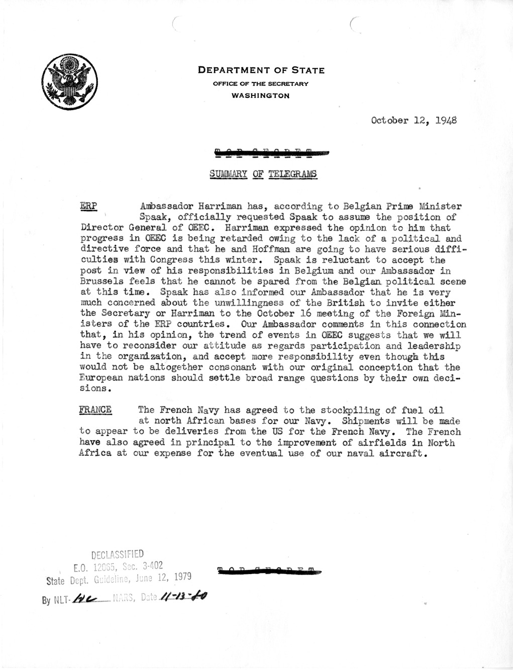 Memorandum, State Department Summary of Telegrams